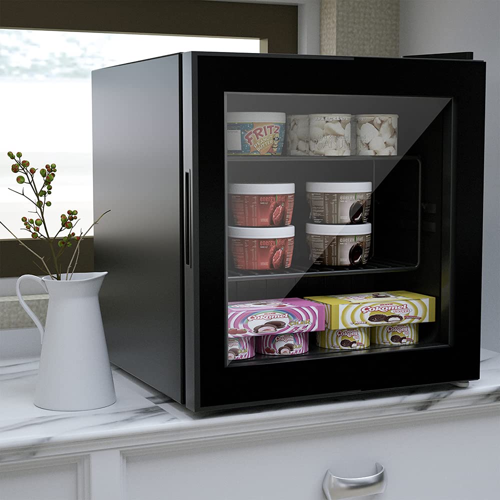 WATOOR 1.1 Cu Ft Mini Freezer Display Freezer with LED Light 2 Removable Shelves 7 Temperature Settings -8°F to 14°F Perfect for Liquor and Ice Cream