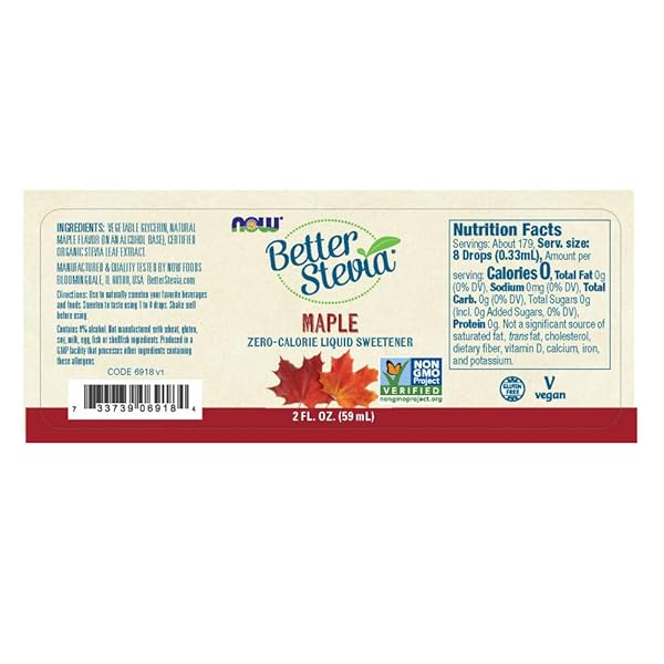 NOW FOODS, BETTER STEVIA, LIQUID, MAPLE, ZERO-CALORIE LIQUID SWEETENER, LOW GLYCEMIC IMPACT, CERTIFIED NON-GMO, 2-OUNCE