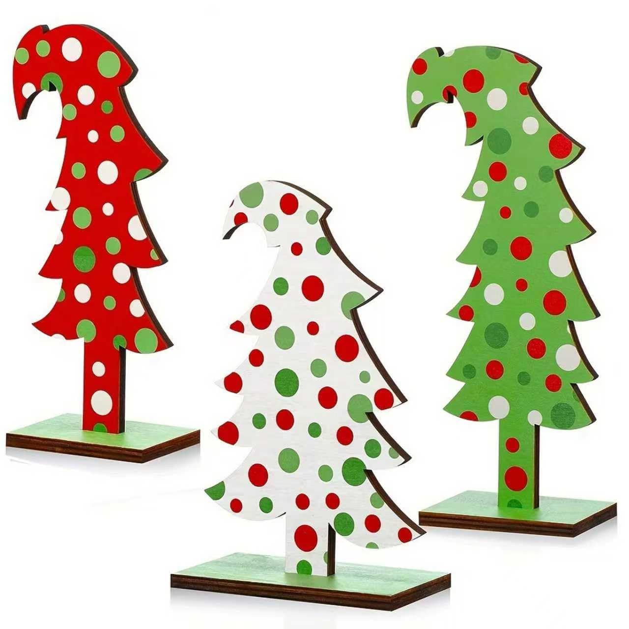 Photo 1 of 3 Pcs Wood Christmas Tree Tabletop, Lime Green Bendable Mini Christmas Tree Small Decor Farmhouse Standing with Base for Home Office Tabletop Decoration (Polka dot)