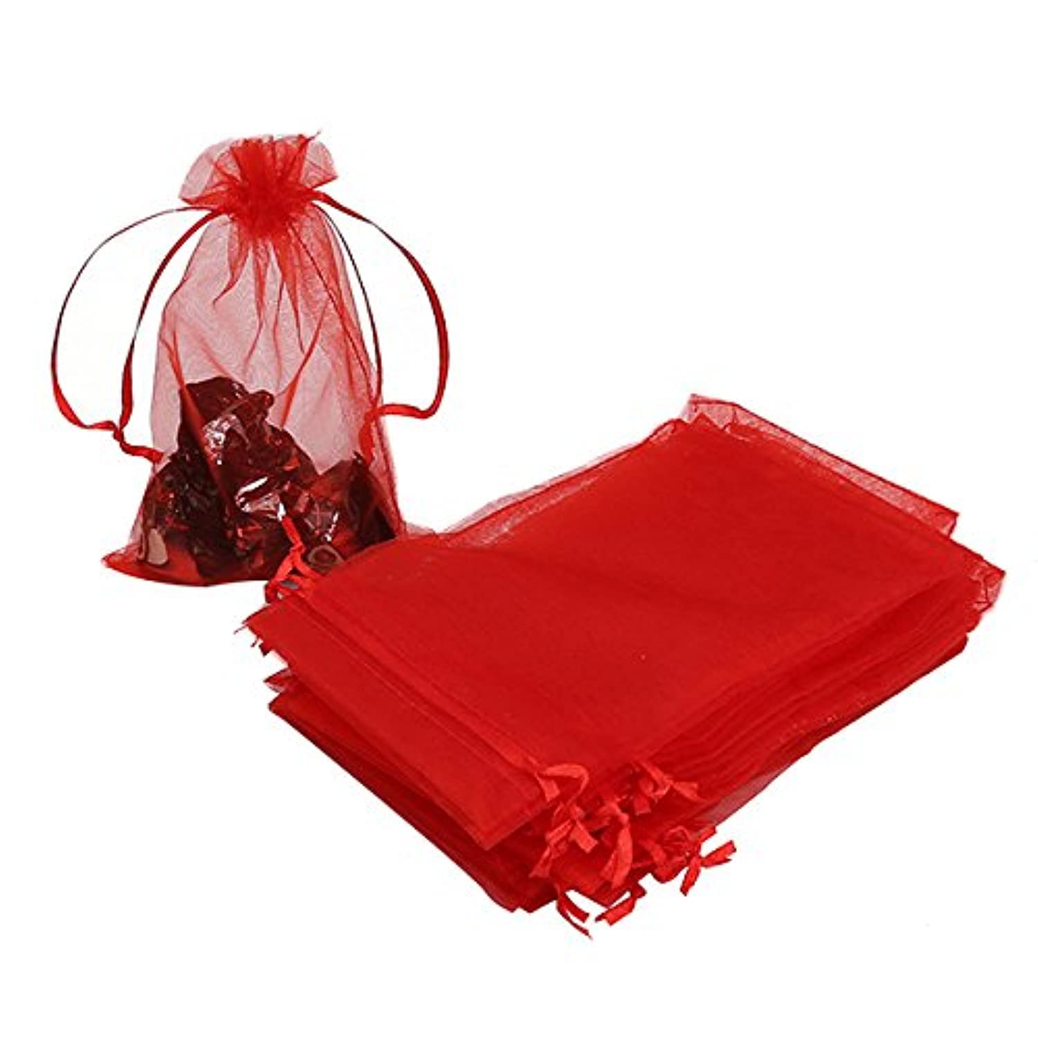 Red Organza Favour Bags 100pcs, 10 x 15cm Organza Gift Pouches Jewellery Drawstring Bags for Holiday Party Favor