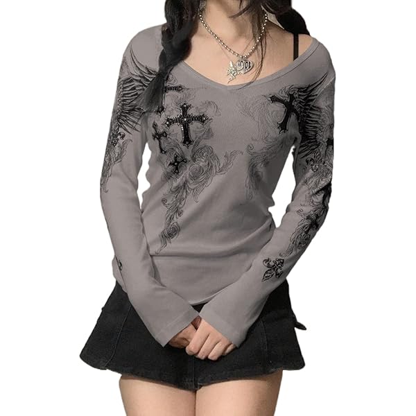 vaflower Women Y2K Long Sleeve Patchwork Lace Square Neck Crop Top
