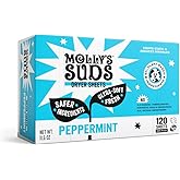 Molly's Suds Fabric Softener Dryer Sheets for Sensitive Skin | Plant-Based Static Reducer, Plastic-Free Packaging | Peppermint (120 Sheets)