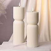 Cream White Ribbed Pillar Candles,Aesthetic Roman Column Scented Candles for Home Decor,Sandalwood Scented Natural Soy Wax, Decorative Sculptural Candle for Housewarming Gift,Stress & Anxiety Relief