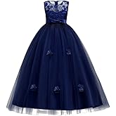 Little Big Girls’Tulle Retro Vintage Dresses Flower Lace Pageant Party Wedding Floor Length Dance Evening Gown