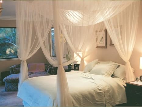 Amazon Com 4 Corner Post Bed Canopy Mosquito Net Full Queen King Size Netting Bedding White Home Kitchen
