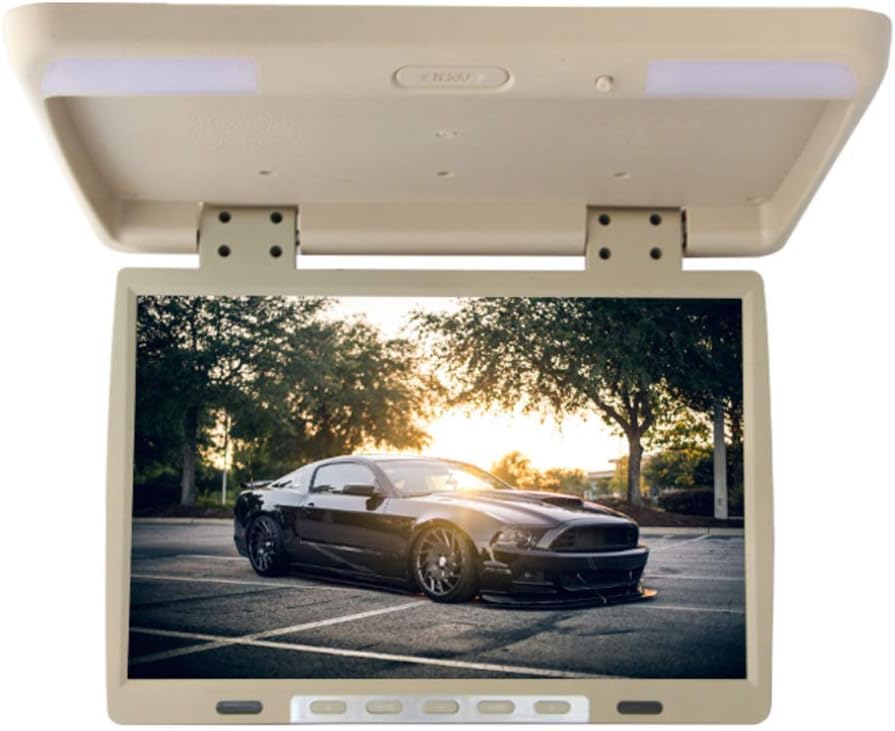 15.4 inch Car Flip Down Monitor TFT LCD Roof Mount Monitor Ultra Thin Overhead Video Player for Car SD MP3 MP5 LED with USB SD FM,Beige