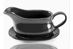PALAIS ESSENTIALS Gravy Boat & Saucer, 15 oz, Ceramic Serving Dish, Dispenser with Tray for Sauces, Dressings and Creamer, Large Handle, Microwave and Dishwasher Safe (Black)