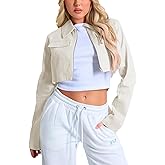 RomMoon Women's Cropped Jacket Casual Zip Up Long Sleeve Lapel Crop Tops Jackets Coat