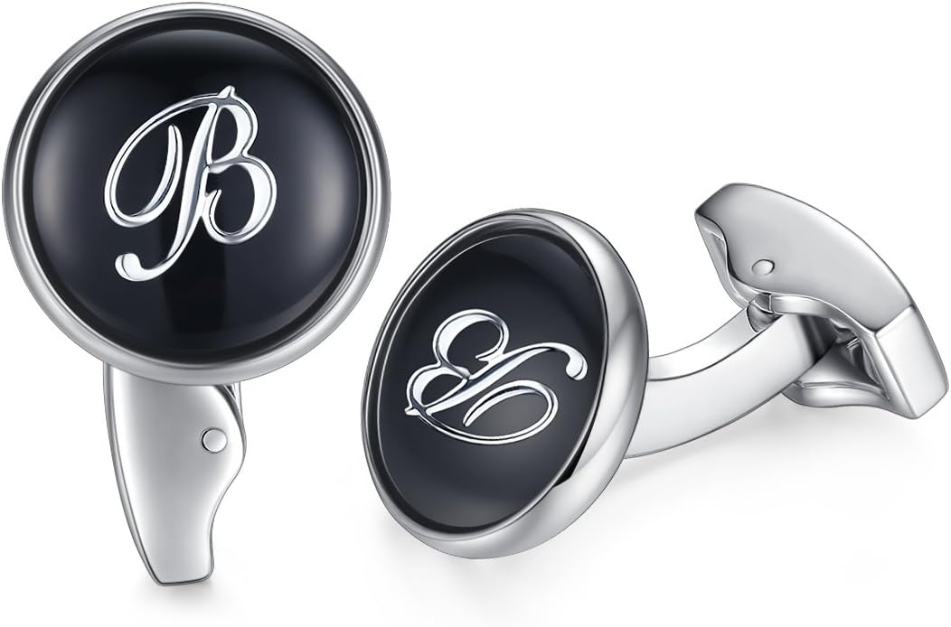 HONEY BEARInitial Alphabet Letter Cufflinks for Men, Black Round Shape Stainless Steel Wedding Business Cufflinks A to Z