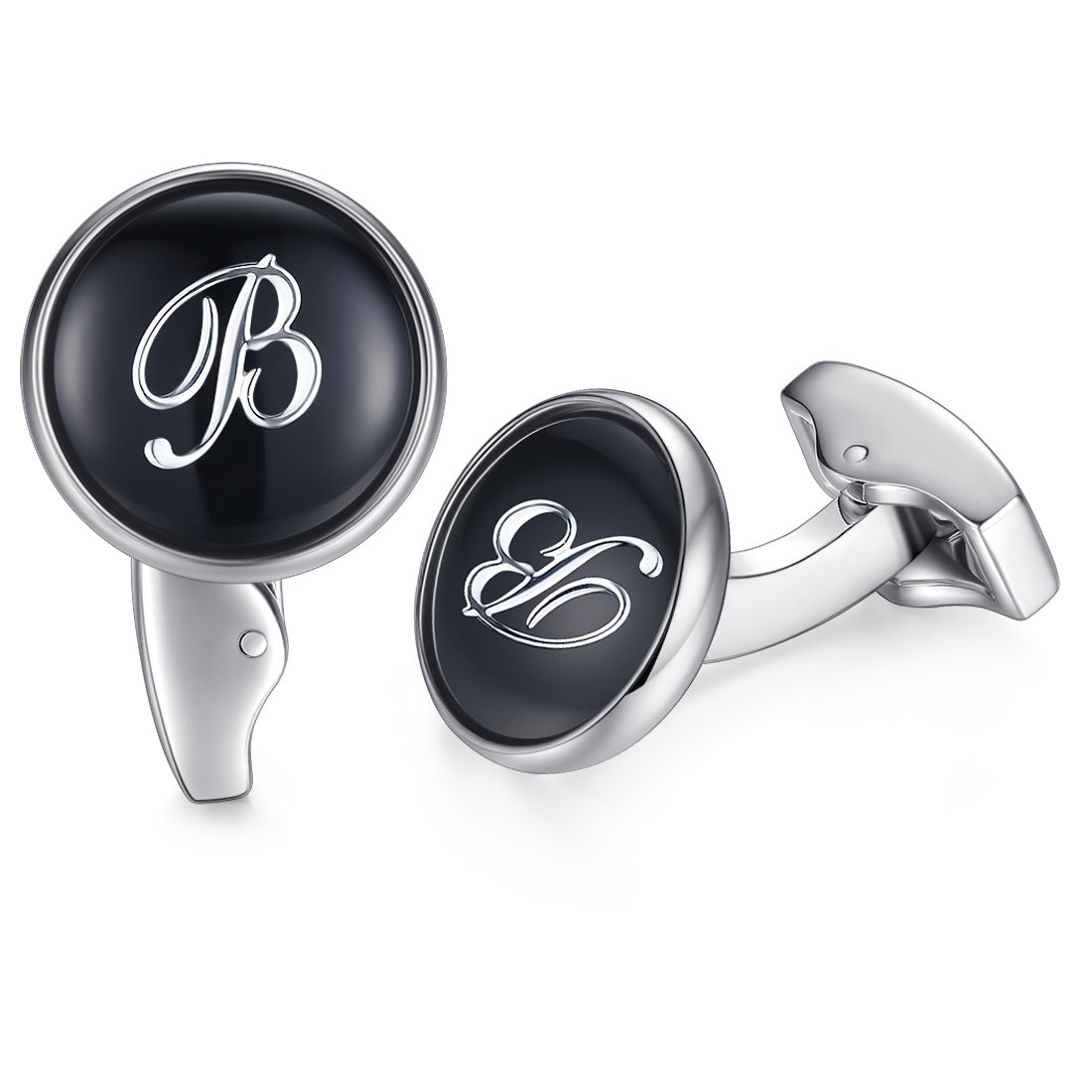HONEY BEARInitial Alphabet Letter Cufflinks for Men, Black Round Shape Stainless Steel Wedding Business Cufflinks A to Z