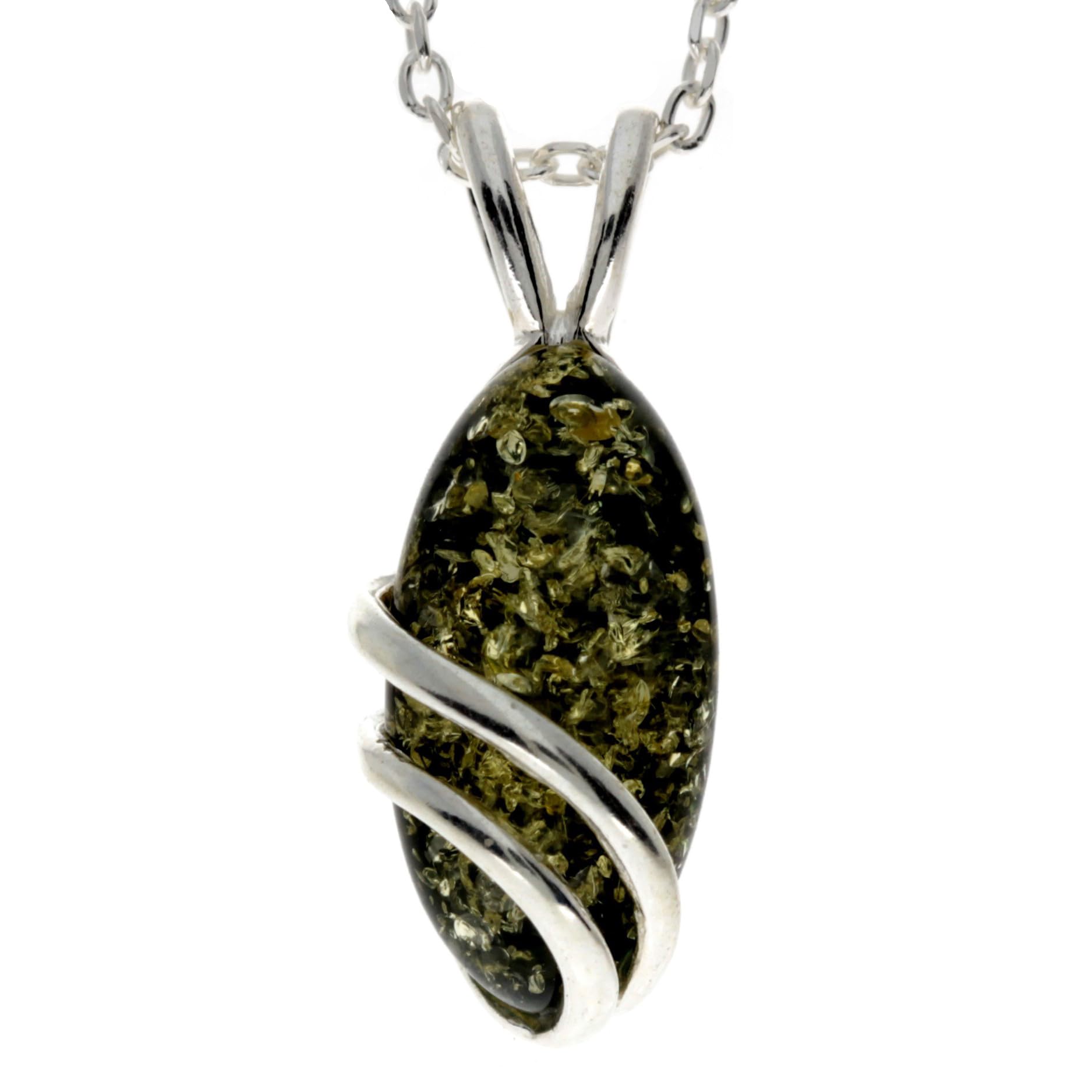 SilverAmber Jewellery UK - 925 Sterling Silver & Genuine Green Baltic Amber Oval Modern Designer Pendant - Chain not included - GL271G