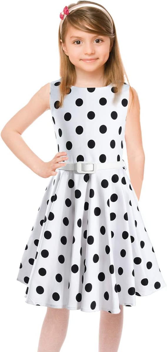 HBBMAGIC Girls Sleeveless Vintage Retro Dress Summer Cotton Round Neck Casual Midi Floral Dresses with Belt