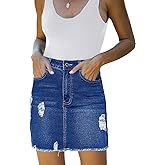 Necooer Womens Denim Skirt Mini Casual Distressed Short Skirt Washed Frayed Stretchy Pencil Jean Skirts with Pocket