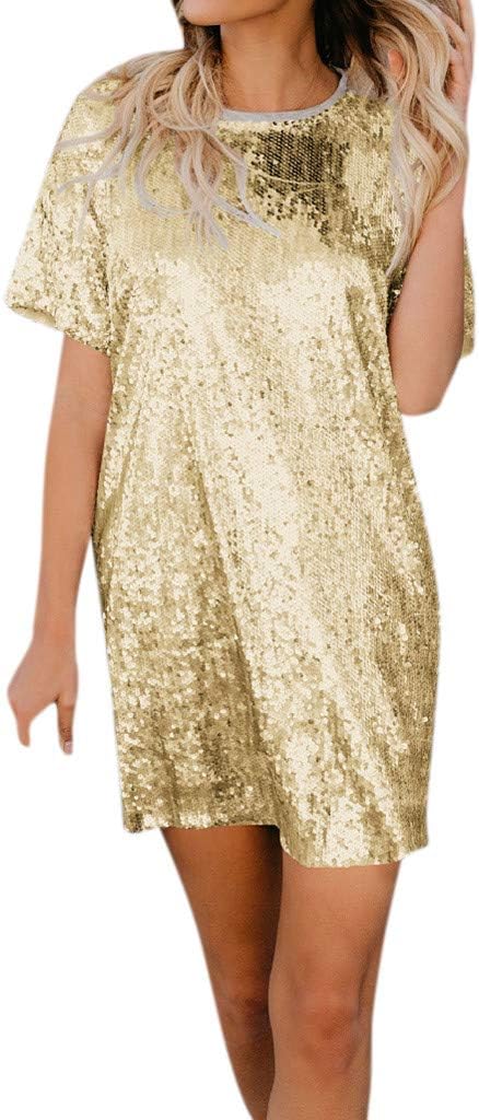 Women Dress Sunday77 Women Fashion Round Neck Dress Sequin Short-Sleeve Solid Splice Mini Dress