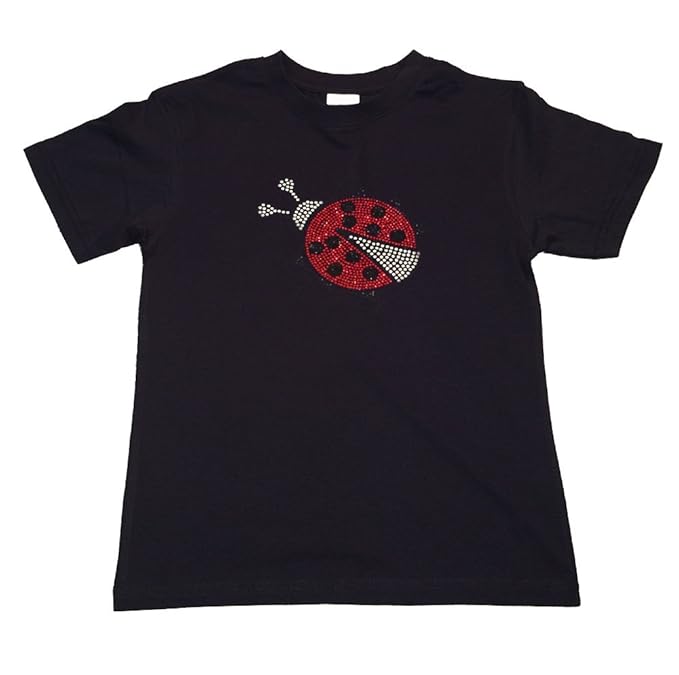 Girl's T-shirt with Lady Bug in Rhinestones (5-6, Black Shirt)