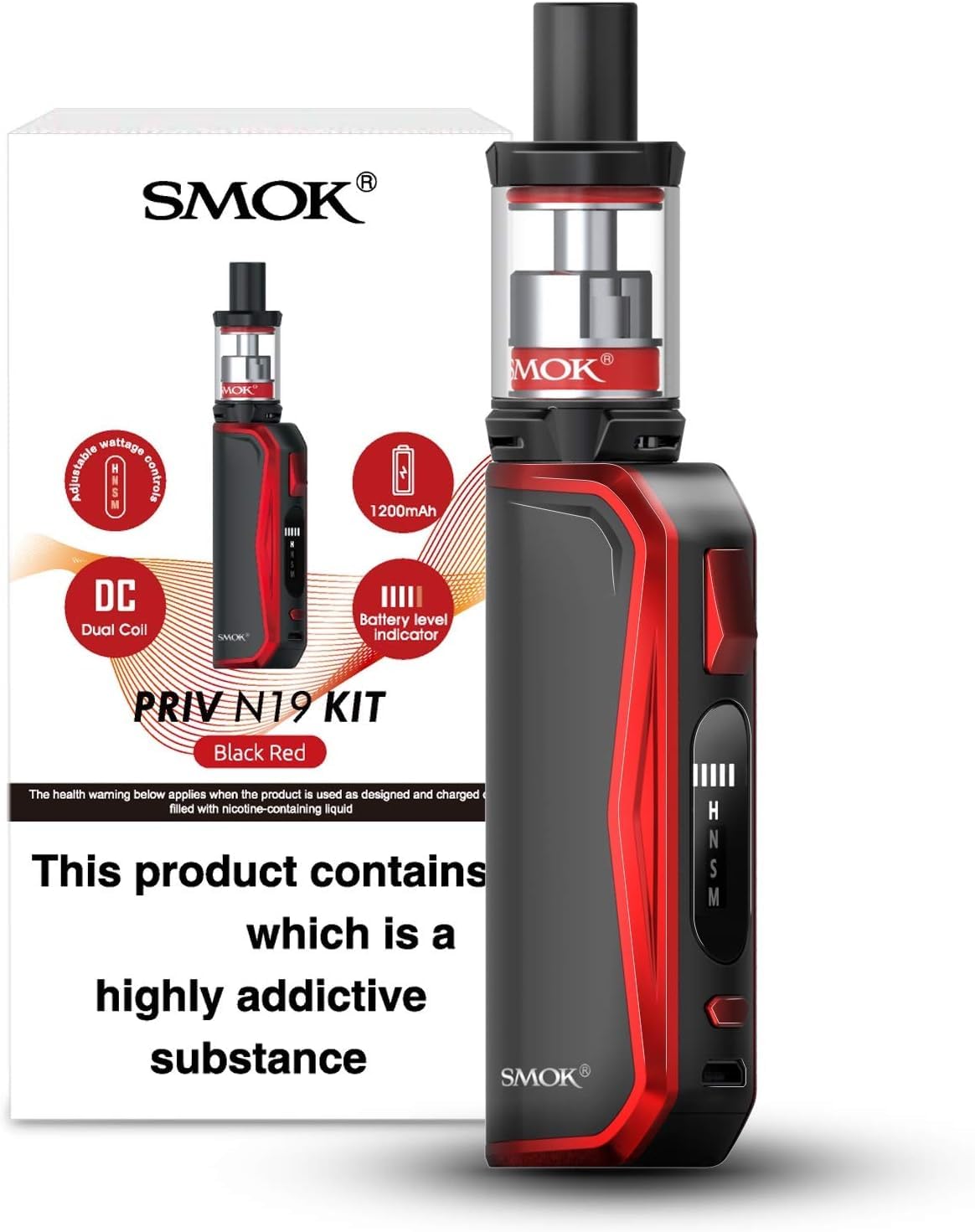 SMOK PRIV N19 Vape Pen Kit [Black Red] 1200mAh Integrated Battery MTL DTL UK Compliant 2ml Capacity No Nicotine