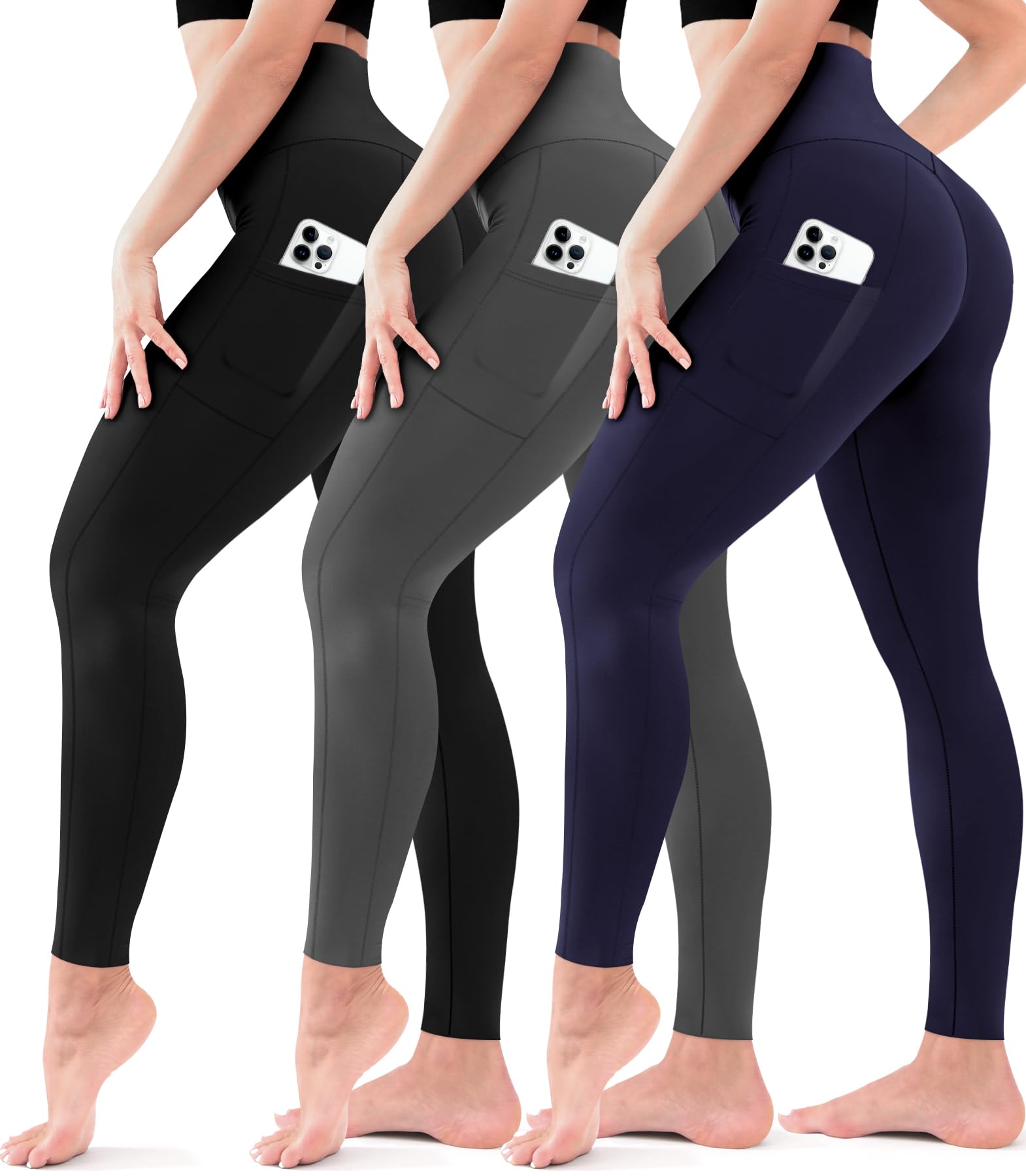 Photo 1 of 3 Pack Leggings for Women High Waisted - No See Through Tummy Control Cycling Workout Yoga Pants with Pockets Reg & Plus
