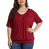 andy & natalie Women's Plus Size Tops Pleated V Neck Loose Baggy Blouse T Shirts