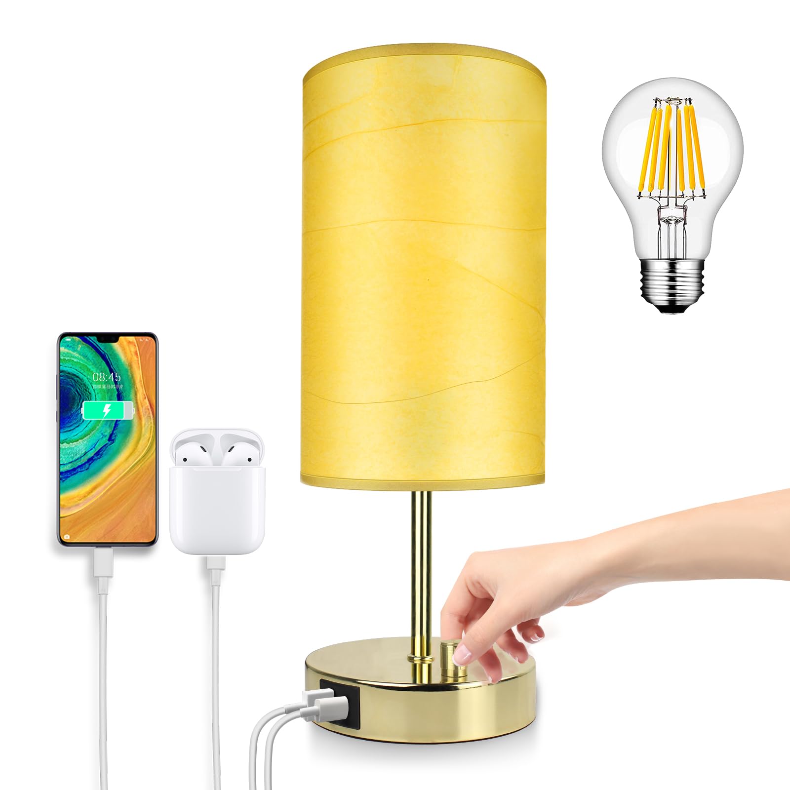 Wondlumi Gold Table Lamp, Fully Dimmable Bedside Lamps with USB Charging Ports, Modern Nightstand Desk Light with Kraft Lampshade for Bedrooms, 8W E27 LED Bulb Included
