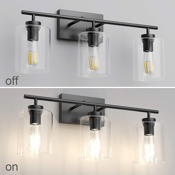 AIPSUN 3 LIGHTS BLACK VANITY LIGHT FIXTURES OVER MIRROR WITH CLEAR GLASS SHADES INDUSTRIAL WALL LIGHT FIXTURE FOR BATHROOM(EXCLUDE BULB)