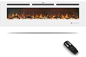Kentsky 60 inches Electric Fireplace Inserts, Recessed and Wall Mounted Fireplace Heater, Linear Fireplace w/Thermostat, Touch Screen, Multicolor Flame, Timer, Log & Crystal, 750W/1500W, White