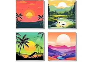 Canrichshop 4 Framed Landscape DIY Paint by Numbers Kit for Adults Beginner,Sunset Easy Painting by Number with Canvas,Acrylic Paint Kit Arts and Crafts for Adults for Decor 8x8inch