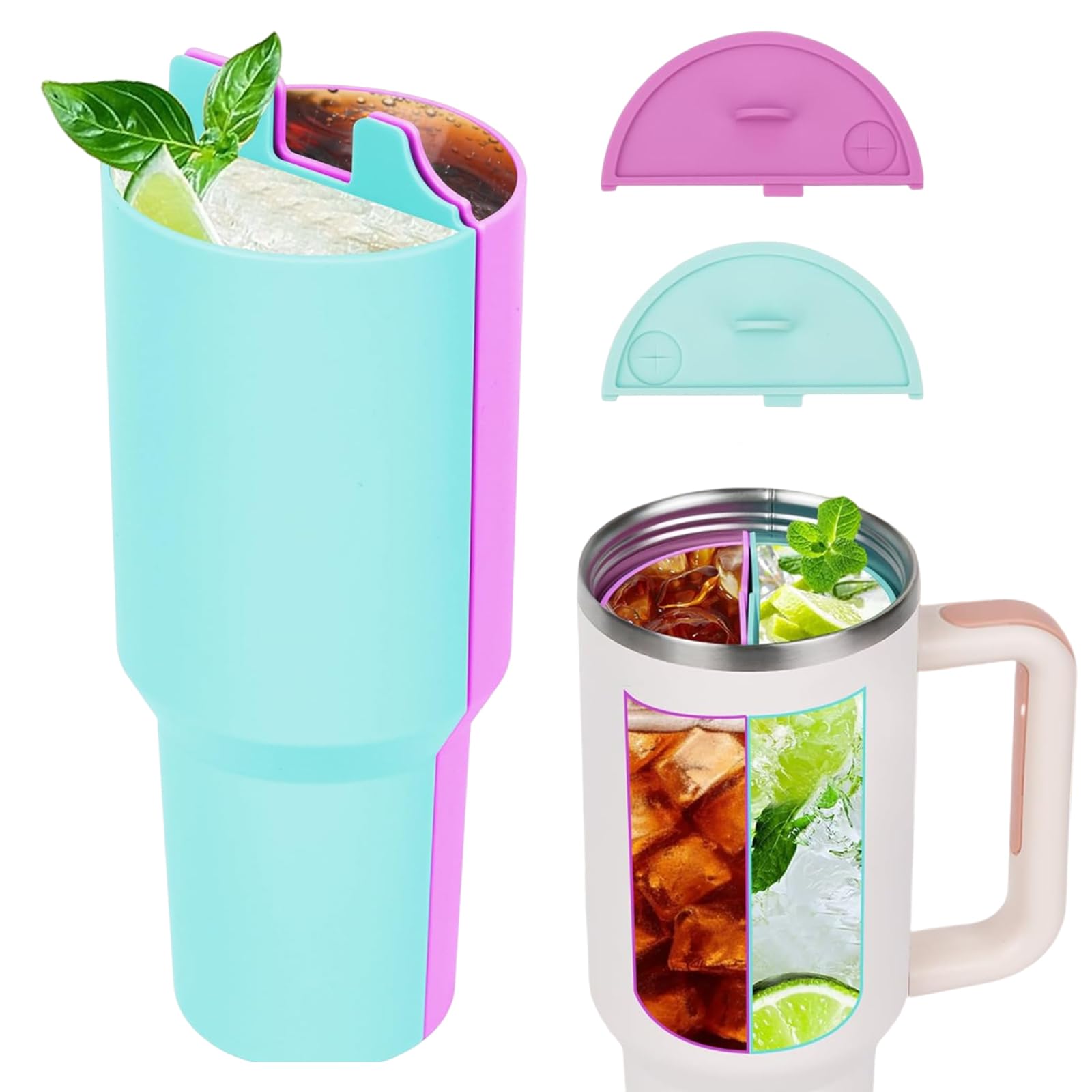 AXERHK 2-in-1 Drink Separator Silicone Liner, 2 Pcs 40oz Cup Divider Liner with 2 Pcs Lids, Easy to Clean Water Cup Accessories, Reusable Cup Splitter for Coffee, Juice, Cocktails 40oz