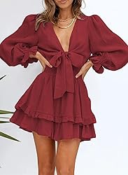 AlvaQ Womens Sexy Deep V Neck Mini Dress Tie Front