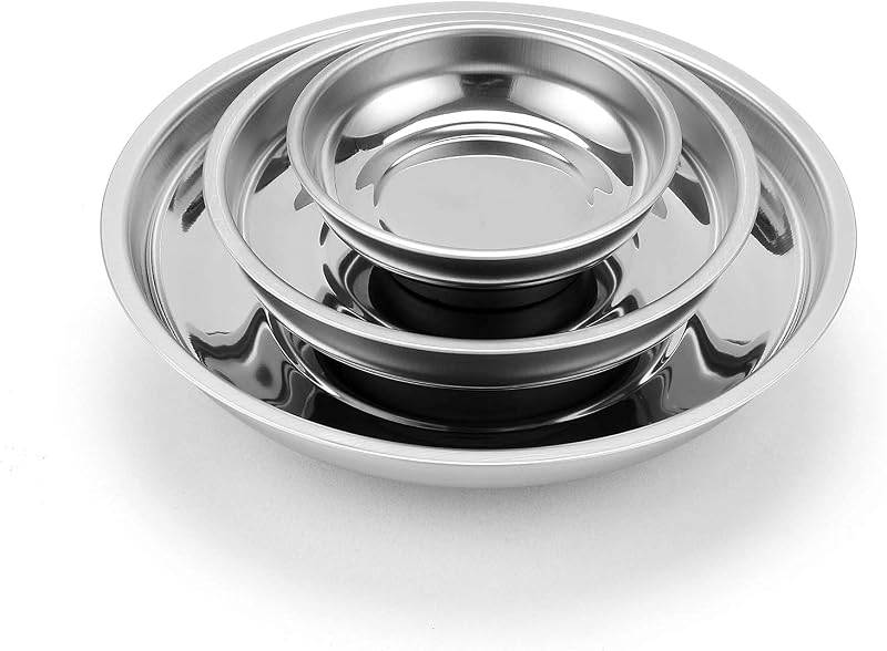 CASOMAN 3-Piece Round Magnetic Tray Set 3" 4" 6" Stainless Steel Parts Holder