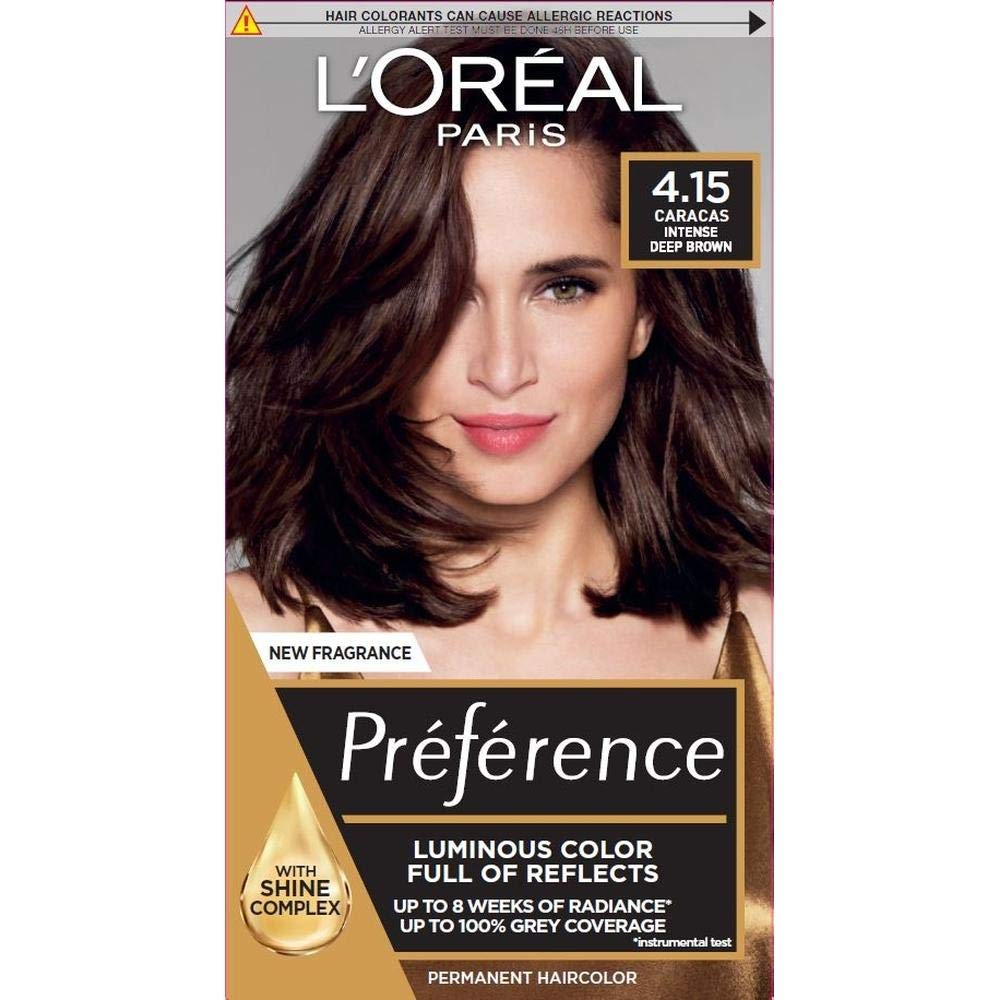 L'Oreal Paris Preference Hair Dye, Long Lasting, Luminous Permanent Hair Colour, 4.15, Caracas, pack of 3