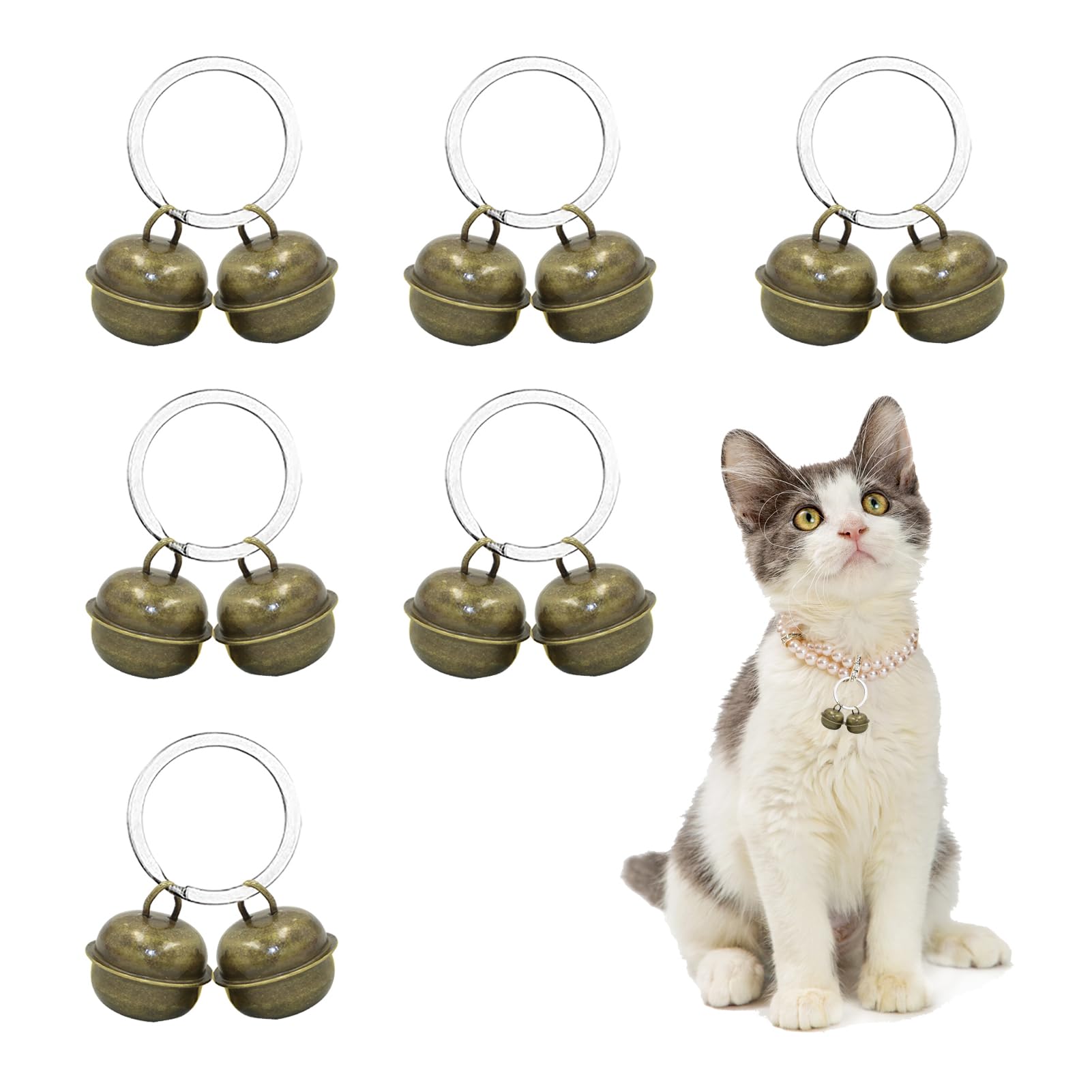 Qtksceadlnce 6-Set Dog and Cat Collar Bell Pendant - Pet Tracker with Key Rings for Necklace Decoration, Anti-Lost and Potty Training - Brass Charms