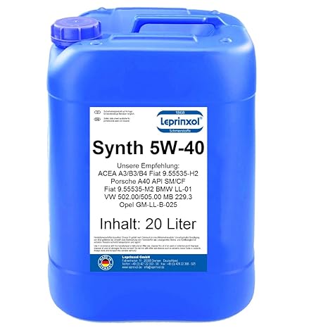 Leprinxol 20 Liter 5W40 LSY MOTORÖL FÜR VW Audi Skoda Opel Mercedes BMW Synth 5W-40 KFZ Motorenöl für VW Norm 502 00, 505 00;