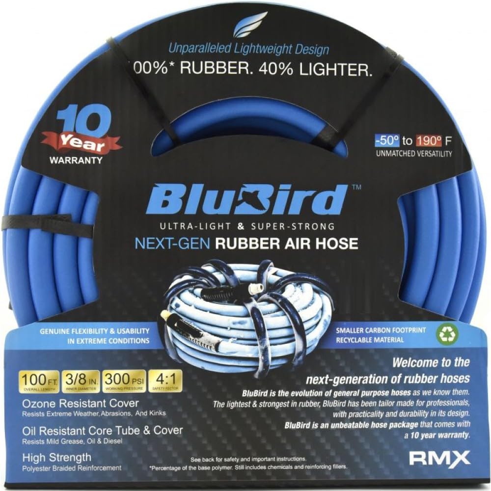 BLUBIRD 3/8" x 300ft Rubber Air Hose, High-Performance Pneumatic Hose for Automotive, Construction & Industrial Use, Durable, Flexible, High-Pressure Hose with Brass Fittings for Air Tools Image BLUBIRD 3/8" x 300ft Rubber Air Hose, High-Performance Pneumatic Hose for Automotive, Construction & Industrial Use, Durable, Flexible, High-Pressure Hose with Brass Fittings for Air Tools Image