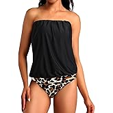 Chenghe Two Piece Bandeau Tankini Swimsuits for Women Loose Blouson Swim Top with Bikini Bottom Tummy Control Bathing Suits