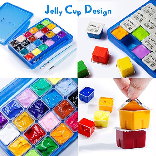HIMI Jelly Gouache Paint Set, 24 Colors x 30ml/1oz Jelly Cup Design with 3 Paint Brushes and