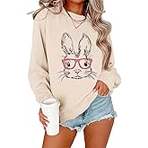 Ykomow Happy Easter Sweatshirt Women Long Sleeve Cute Bunny Rabbit Graphic Tees Pullover