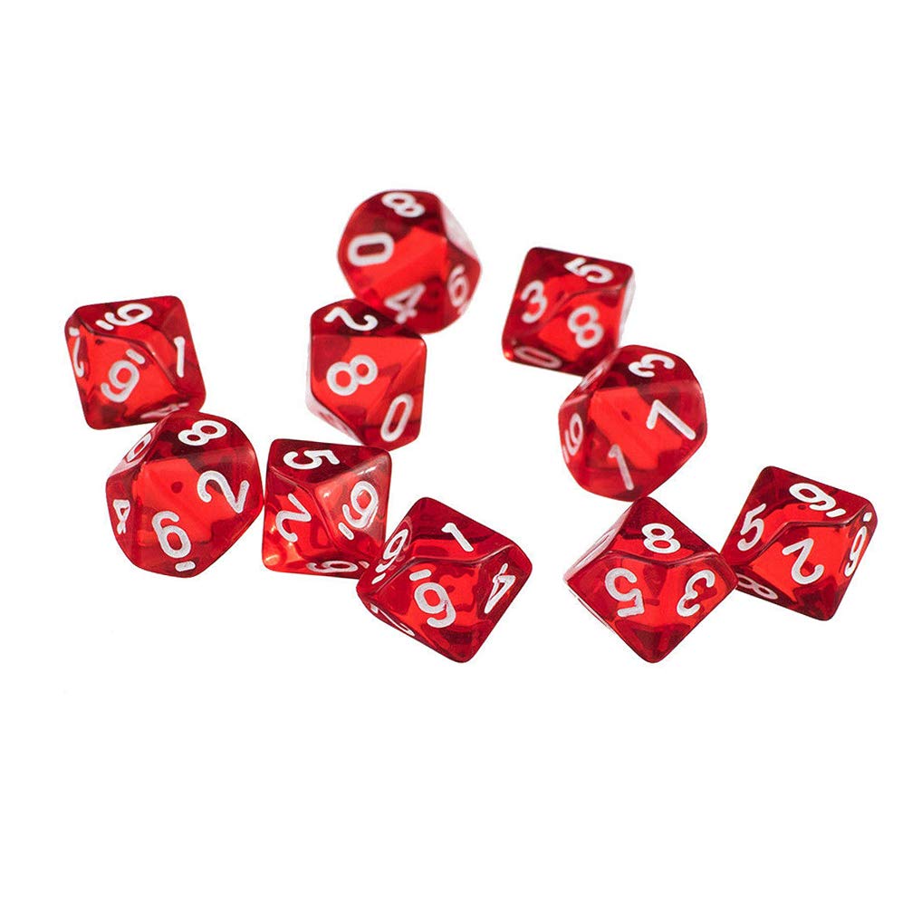 Yourandoll Polyhedral Dice D10 (0-9) Dice Cube Game Dice for DND RPG Dungeons & Dragons Board Game Card Game (Red Colour) Pack of 10