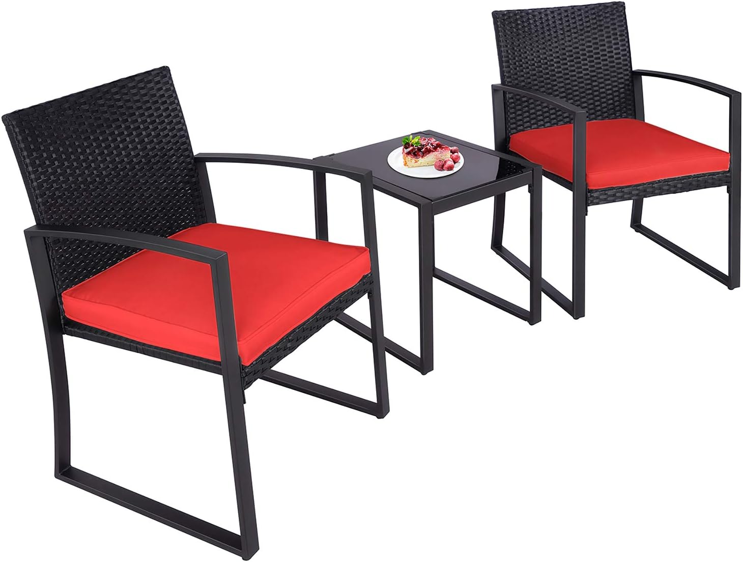 SUNLEI Outdoor 3-Piece Bistro Set Black Wicker Furniture-Two Chairs with Glass Coffee Table (Beige Cushion): Garden & Outdoor