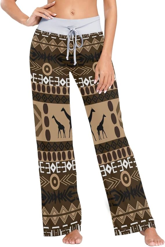 Amazon ルームウェアボトムス インナーウェア パジャマ レディース キリン 幾何柄 民族風 ロングパンツ ゆったり パジャマ ルームウェアボトムス 通販