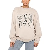 GLIGLITTR Women's Halloween Dancing Skeleton Sweatshirts Spooky Season Horror Skull Printed Pullover Shirt Oversized Tee Top