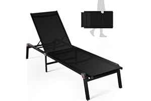 WOAJNQO Aluminum Chaise Foldable Patio Lounge Chair Outdoor, Metal Deck Lounger Adjustable 5-Position Recliner Pool Chase Breathable Full Flat Outside Sun Tanning Chairs for Beach/Poolside/Lawn(Black, 1 Pack)