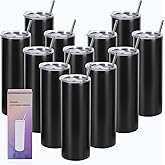 12 Pack 20 Oz Straight Skinny Tumblers,Individually Gift Boxed Stainless Steel Slim Skinny Tumbler Set Bulk, 20 Oz Insulated Slim Thin Travel Tumbler Cup for Diy, Black