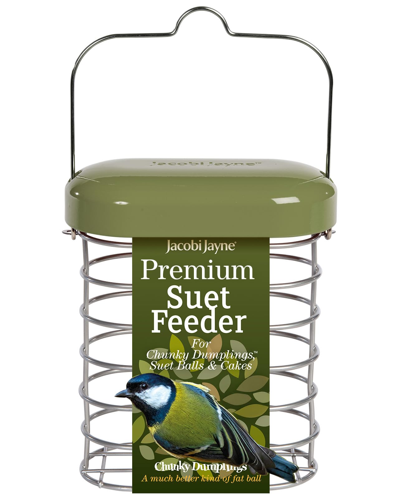 Fat Ball Feeder - Jacobi Jayne® Hanging Suet Feeder - Holds up to 6 Fat Balls or 2 Suet Cakes - Metal Squirrel Proof Bird Feeder for Wild Birds - Fat Ball Holder for Garden Birds (Green)