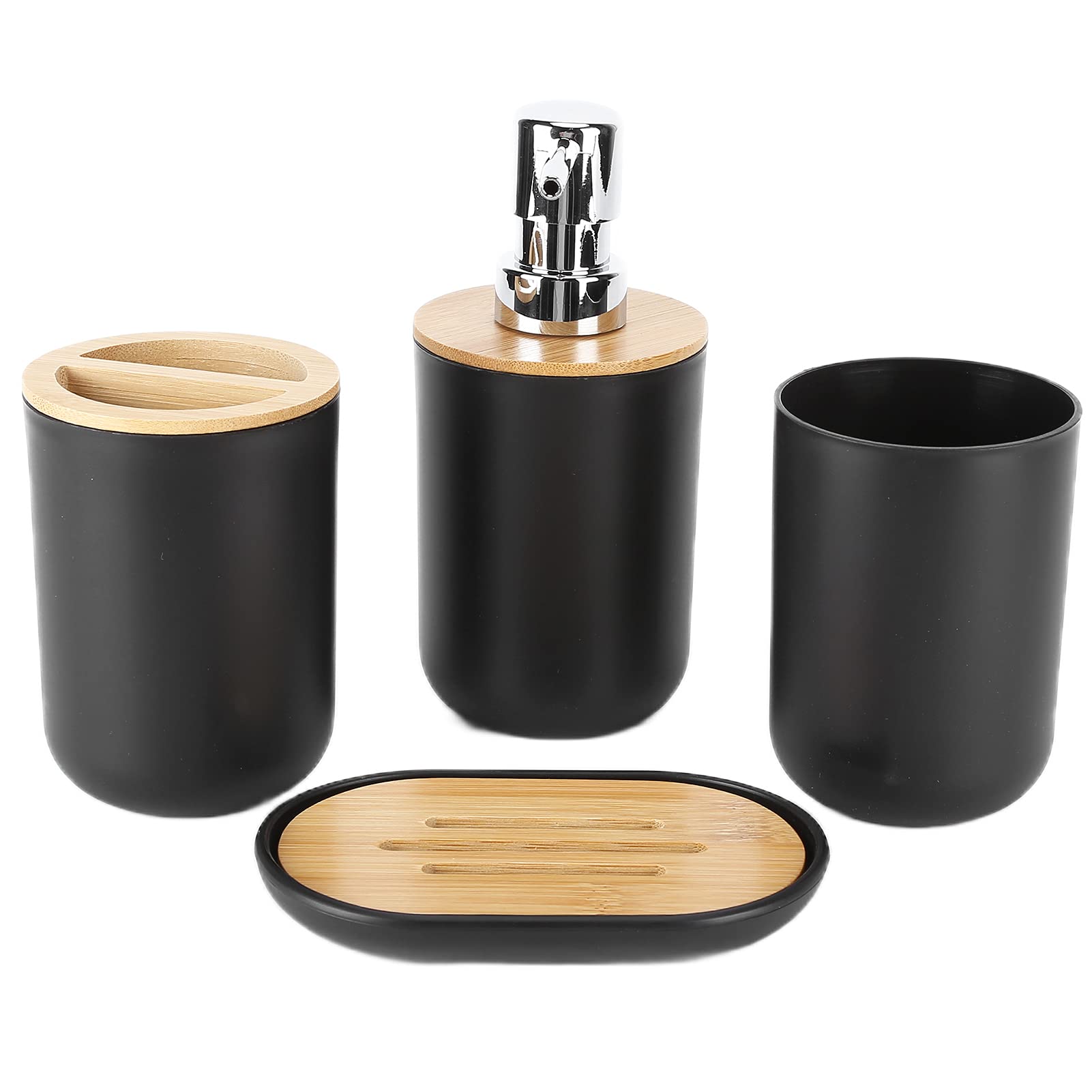 Garosa 4Pcs Bathroom Accessory Set Bamboo Waterproof Durable Gift Set Plastic Toothbrush Cup Lotion Dispenser Soap Box Tooth Mug for Home Hotel (black),Soap Dispenser Soap Dispenser