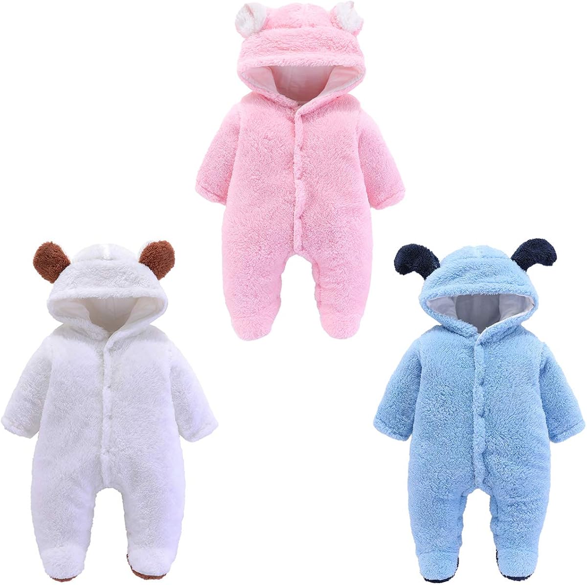Aisheny Newborn Baby Ear Snowsuit Jumpsuit Warm Winter Hooded Footed Bodysuit Fleece Outerwear: Clothing