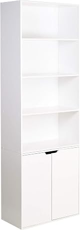 White 6 Tier Bookshelf 2 Doors Cupboard Storage 180cm H 59cm W view 3