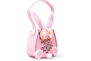 Xugoox Easter Bunny Basket with Handle, Egg Hunt Basket Candy Gifts Tote Bag, Bunny Ears Gift Bag for Easter Party Supplies