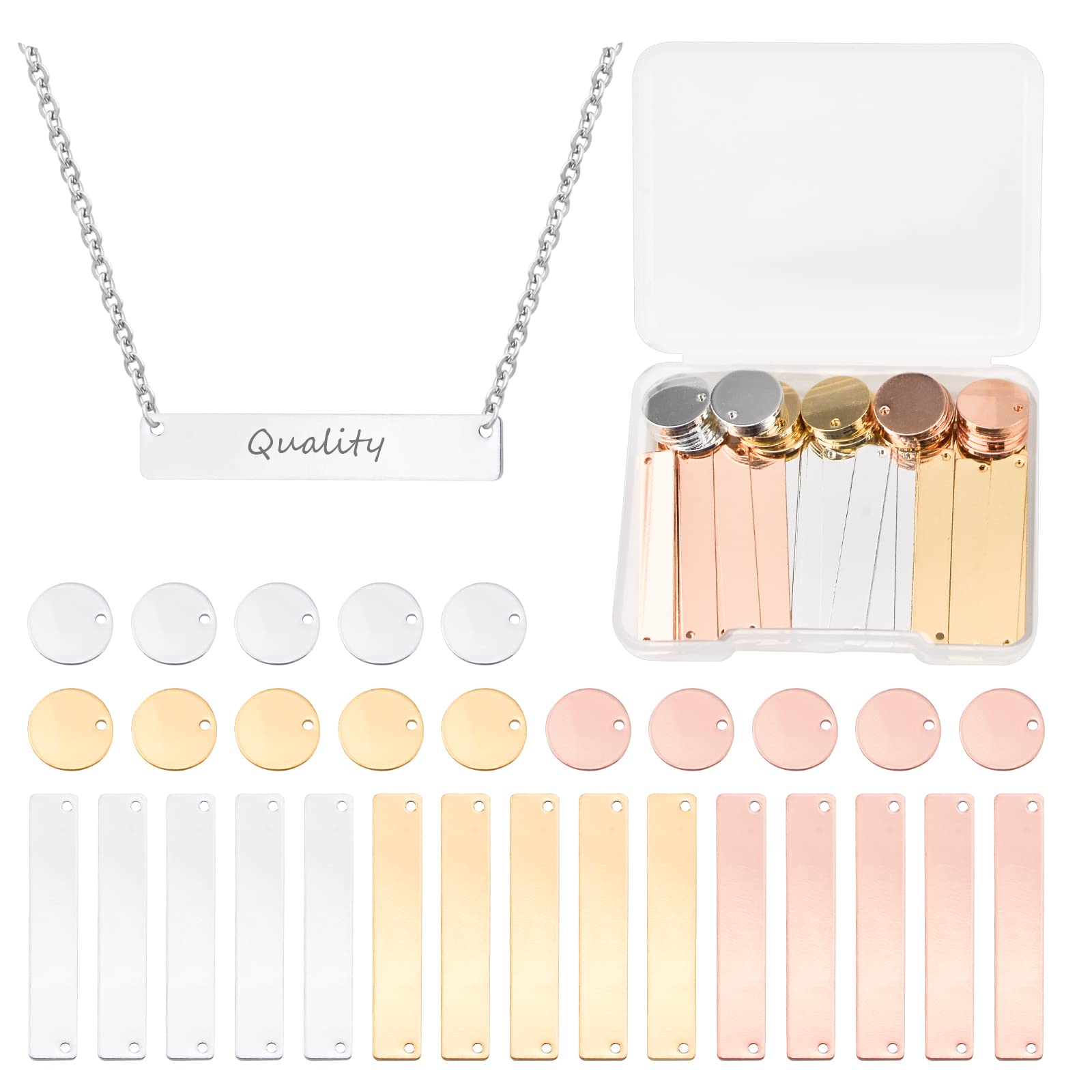 WANDIC 30 Pcs Metal Tag Pendants, Stamping Blank Tag Pendant Blank Bar Charm Rectangle Round Name Plate Horizontal Brass Tag for Jewelry Making DIY Crafts