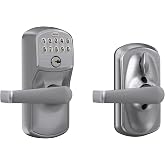 Schlage Electronic Keypad Lock, Lever Handle, Plymouth Trim, Satin Chrome | Keypad door lock with handle, Keyless entry, Push button keypad, Flex Lock auto-lock option, Certified security, FE595