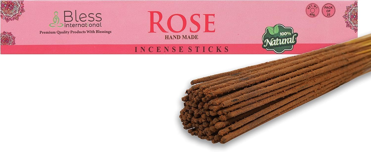 Bless-Rose-Incense-Sticks 100%-Natural-Handmade-Hand-Dipped Organic-Chemicals-Free For-Purification-Relaxation-Positivity-Yoga-Meditation The-Best-Woods-Scent (25 Sticks (40GM))